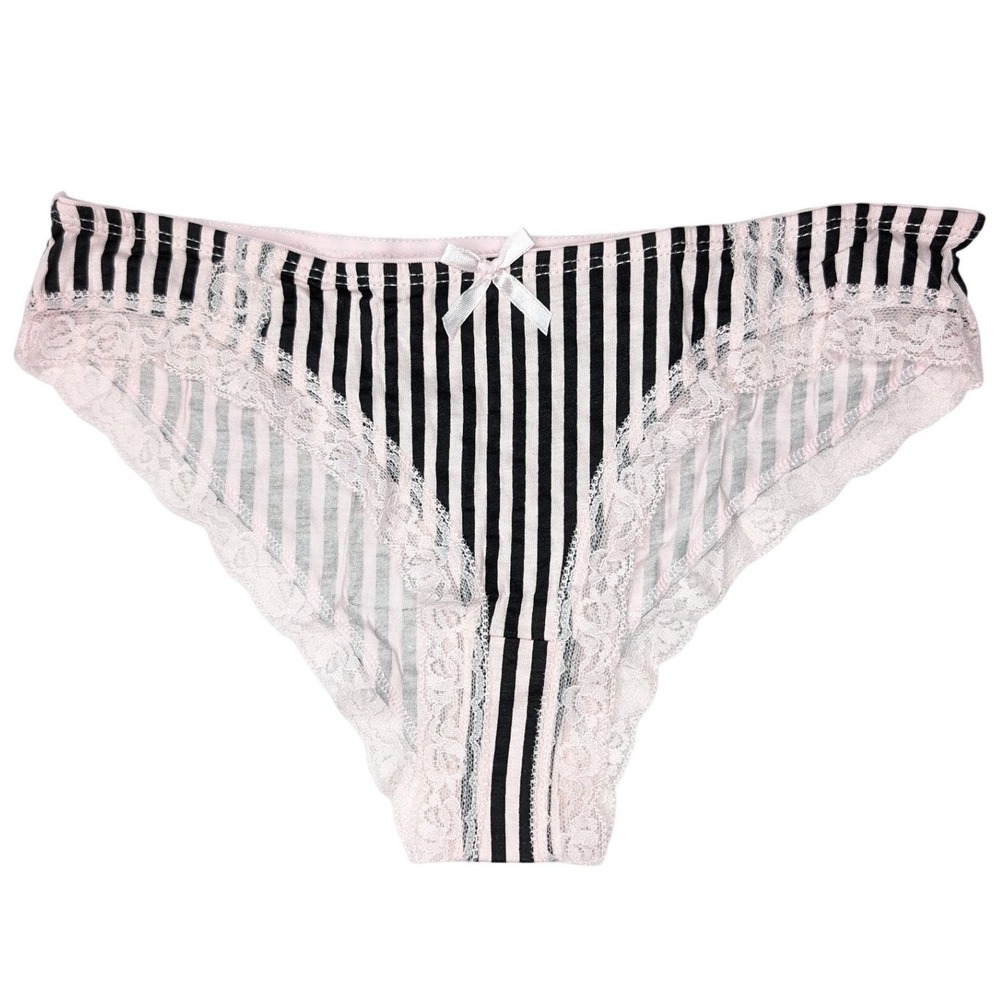 NEW Unworn Knotty Pastel Pink Black‎ Stripe Cheeky Lacey Panties Underwear